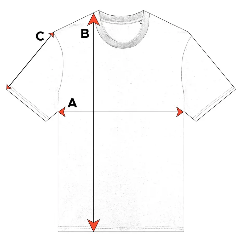 T-shirt measurement diagram: A half chest, B body length, C sleeve length